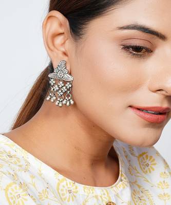Silver oxidized floral stud ghungroo earrings 2