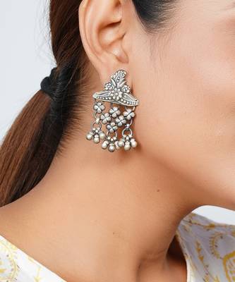 Silver oxidized floral stud ghungroo earrings 3