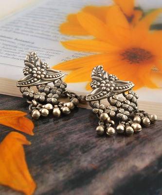 Silver oxidized floral stud ghungroo earrings 4