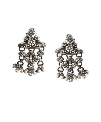 Silver oxidized floral stud ghungroo earrings 5