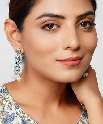 Silver floral firoza & pearl stud earrings 1