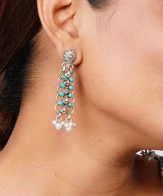 Silver floral firoza & pearl stud earrings 3