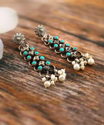Silver floral firoza & pearl stud earrings 4