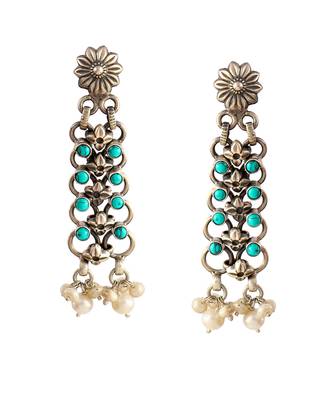 Silver floral firoza & pearl stud earrings 5