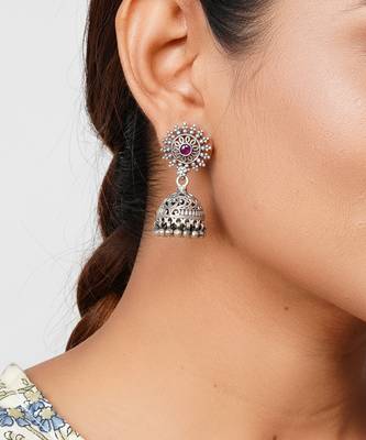 Silver oxidized rawa floral stud jhumki with ghungroo 3