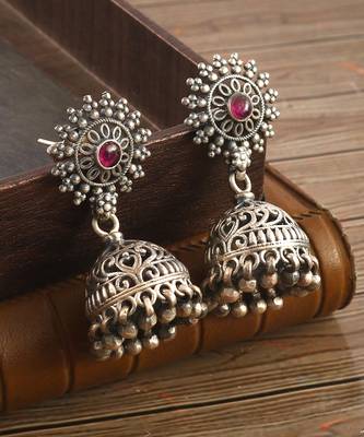 Silver oxidized rawa floral stud jhumki with ghungroo 4