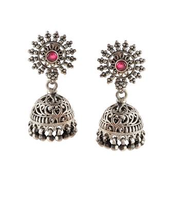 Silver oxidized rawa floral stud jhumki with ghungroo 5
