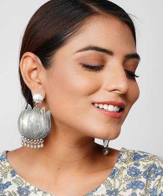 Silver oxidized lotus stud earrings with ghungroo 2