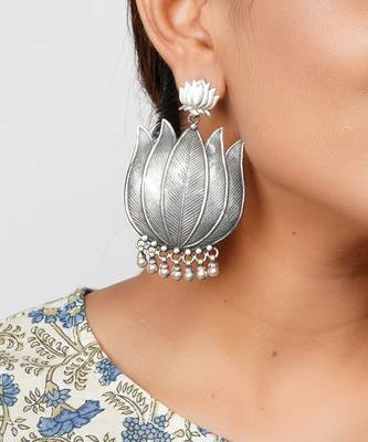 Silver oxidized lotus stud earrings with ghungroo 3