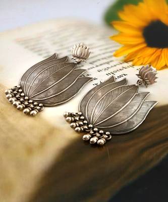 Silver oxidized lotus stud earrings with ghungroo 4