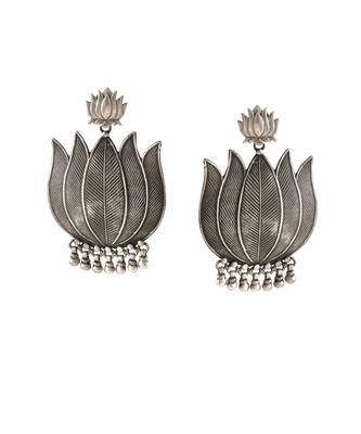 Silver oxidized lotus stud earrings with ghungroo 5