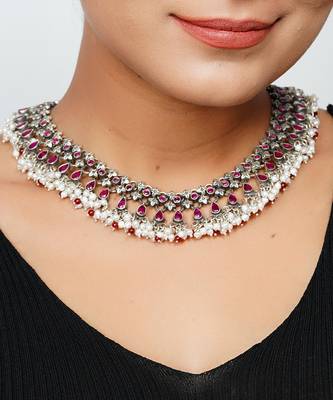 Silver oxidized red & pearl statement necklace set 1