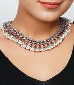Silver oxidized red & pearl statement necklace set