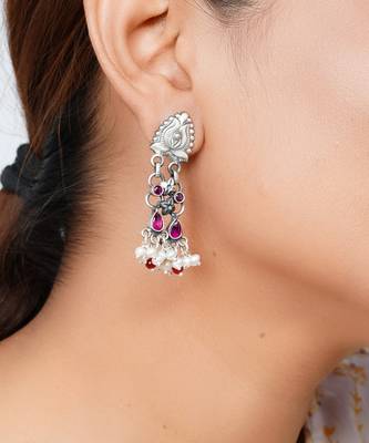 Silver oxidized red & pearl statement necklace set 2