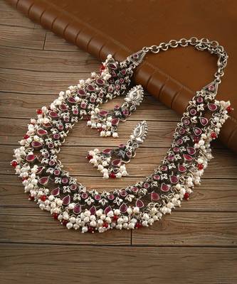 Silver oxidized red & pearl statement necklace set 3