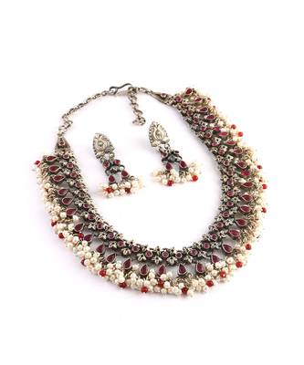 Silver oxidized red & pearl statement necklace set 4