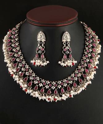 Silver oxidized red & pearl statement necklace set 5