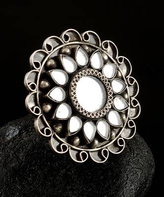 Silver oxidized adorable floral mirror adjustable ring 2
