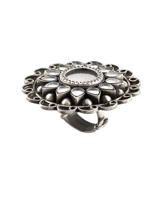 Silver oxidized adorable floral mirror adjustable ring 3