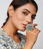 Silver oxidized floral mirror statement adjustable ring