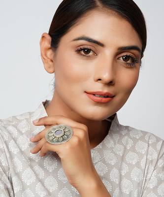 Silver oxidized floral mirror adjustable rings 2