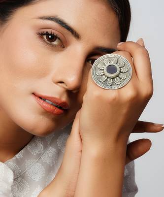 Silver oxidized floral mirror adjustable rings 3