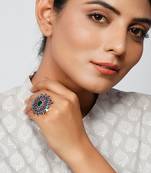 Silver green & pink floral adjustable ring