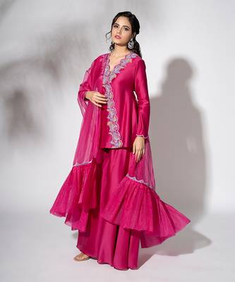 Fuschia pink pure chanderi embroidered gharara set 1