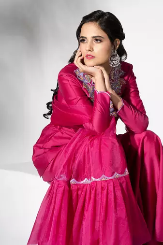 Fuschia pink pure chanderi embroidered gharara set