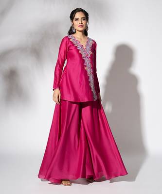 Fuschia pink pure chanderi embroidered gharara set 5