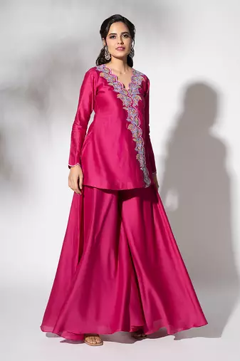 Fuschia pink pure chanderi embroidered gharara set