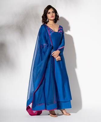 Electric blue pure chanderi embroidered anarkali set 1