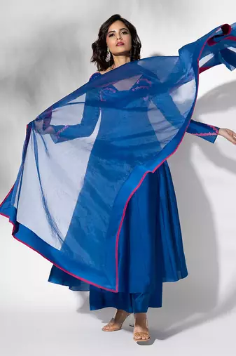 Electric blue pure chanderi embroidered anarkali set