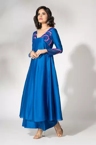Electric blue pure chanderi embroidered anarkali set