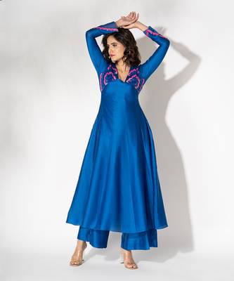 Electric blue pure chanderi embroidered anarkali set 4