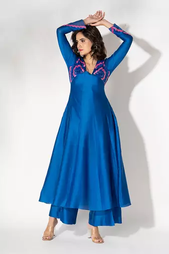 Electric blue pure chanderi embroidered anarkali set