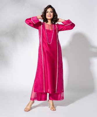Fuschia pink pure chanderi embroidered kurta set 1