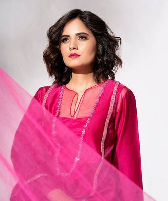 Fuschia pink pure chanderi embroidered kurta set 4
