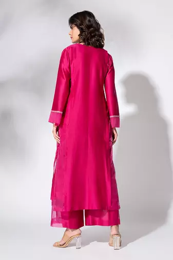Fuschia pink pure chanderi embroidered kurta set