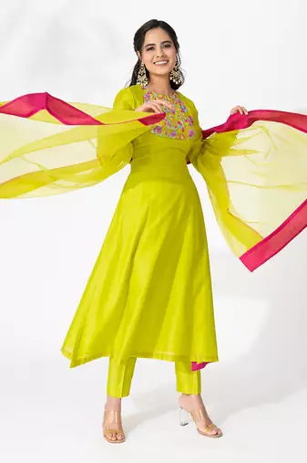 Lime green pure chanderi embroidered kurta set