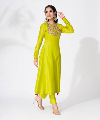 Lime green pure chanderi embroidered kurta set 3