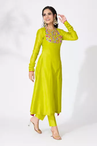 Lime green pure chanderi embroidered kurta set