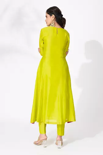 Lime green pure chanderi embroidered kurta set