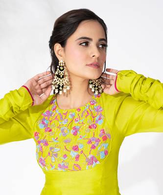 Lime green pure chanderi embroidered kurta set 5