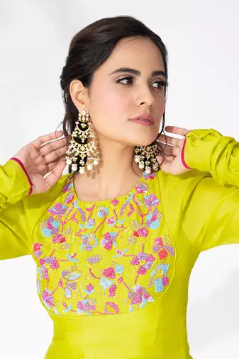 Lime green pure chanderi embroidered kurta set