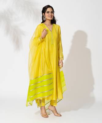 Yellow pure chanderi lace embroidered anarkali set 1