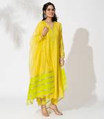 Yellow pure chanderi lace embroidered anarkali set