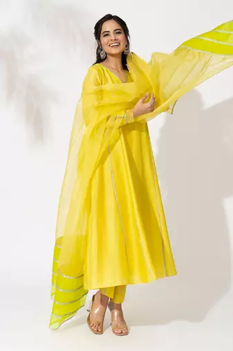 Yellow pure chanderi lace embroidered anarkali set
