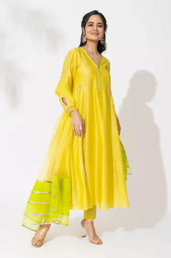 Yellow pure chanderi lace embroidered anarkali set