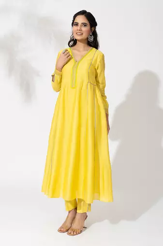Yellow pure chanderi lace embroidered anarkali set